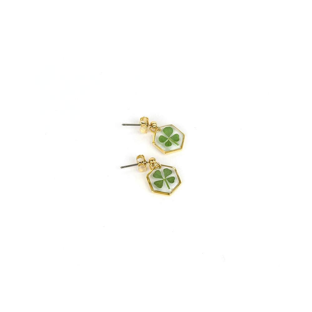 Resin Craft Earring with Four Leaf Clover Dangle Real Lucky Clover Ear Rings - Hexagon Type