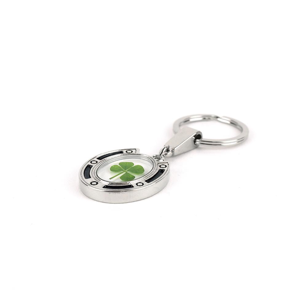 Clover Keyring - Fancy Resin Craft Art Pressed Real Four Leaf Clover Key Chain - Black Round Shape