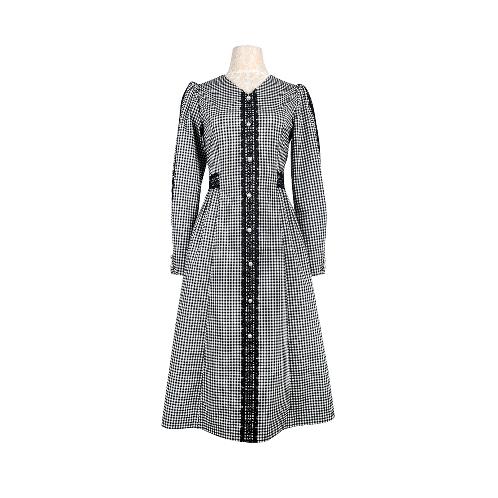 full image Pearl button lace check dress